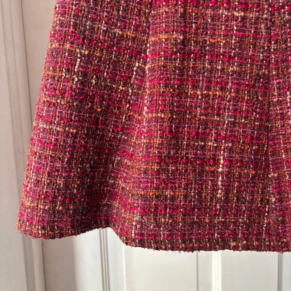 Lafayette 148 New York Tweed Midi Skirt Red Purple Flounce Hem Size 4